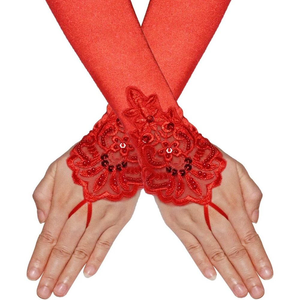 Women's Red Embroidery Sequins Finger Loop Floral Satin Long Gloves Party Wear